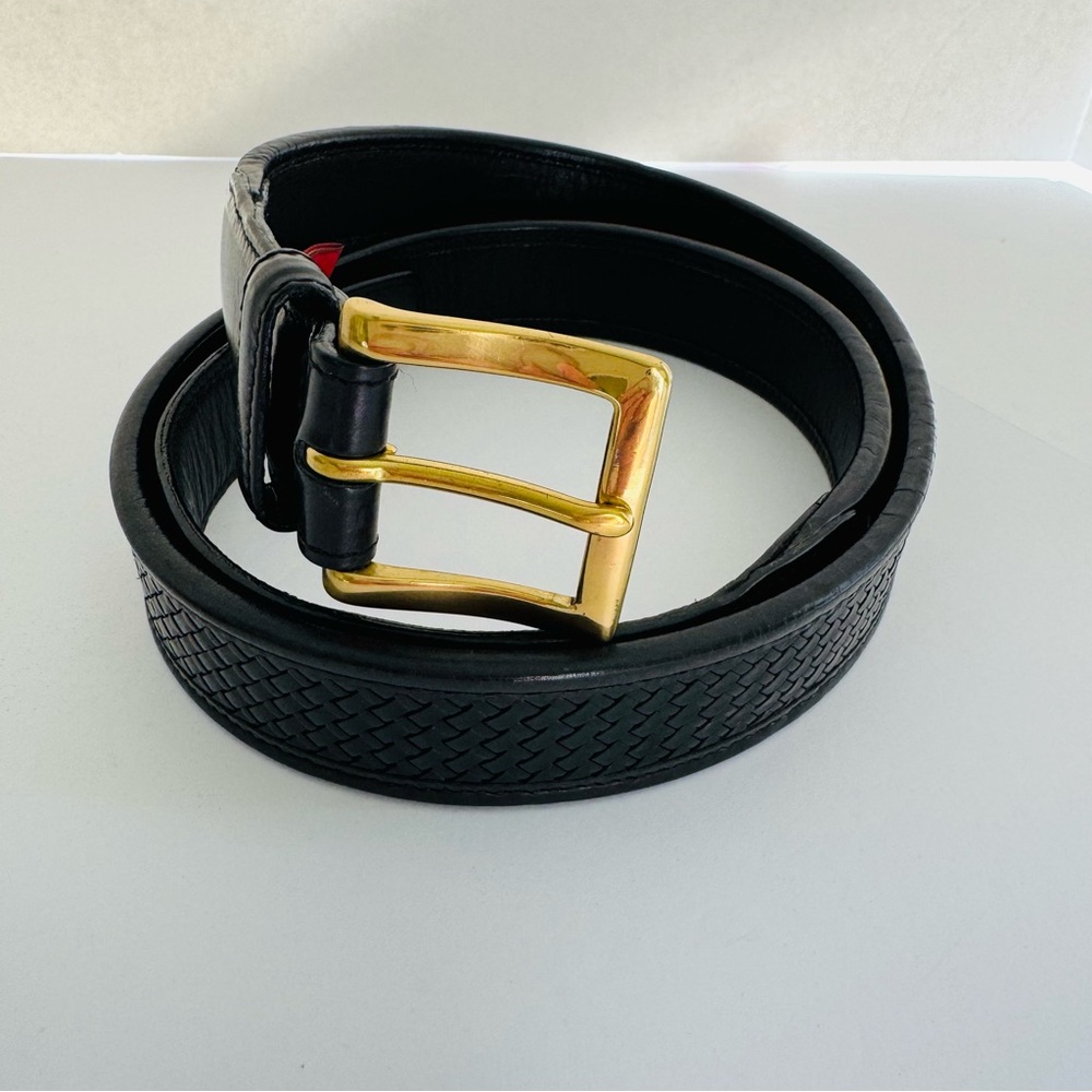Cole Haan Men's Black Woven Leather Belt 36 Gold Brass Buckle Basketweave A08462